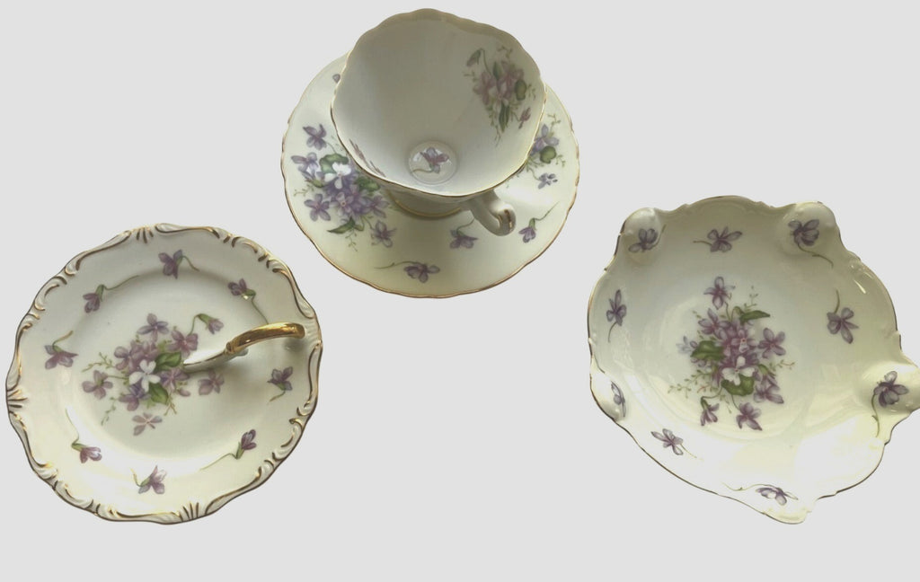 Vintage 1940's  Rosetti  Spring Violets Bone China 4 pc set Tea Cup w Saucer Bowl and Nappy Dish Made in Japan