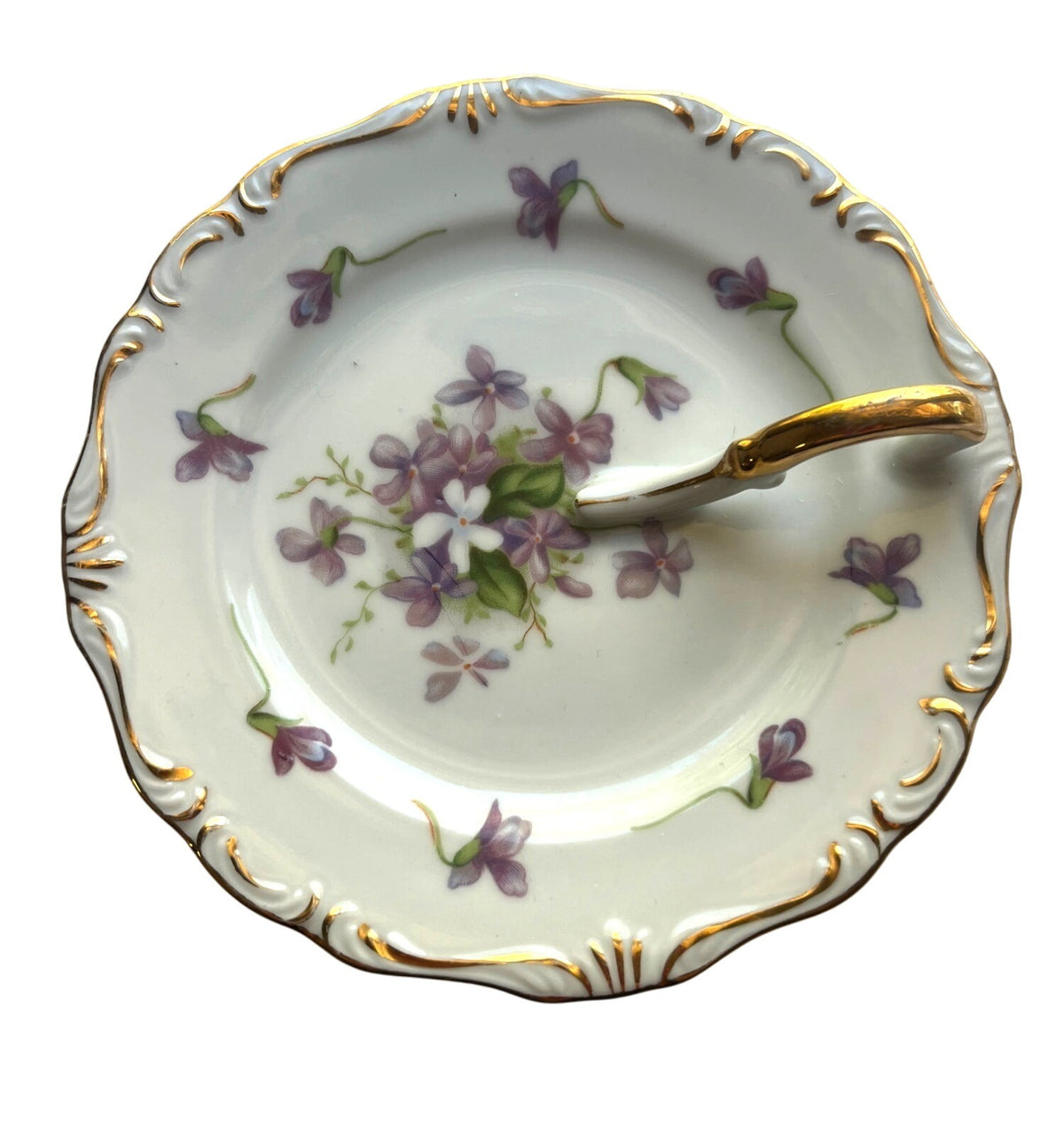 Vintage 1940's  Rosetti  Spring Violets Bone China 4 pc set Tea Cup w Saucer Bowl and Nappy Dish Made in Japan