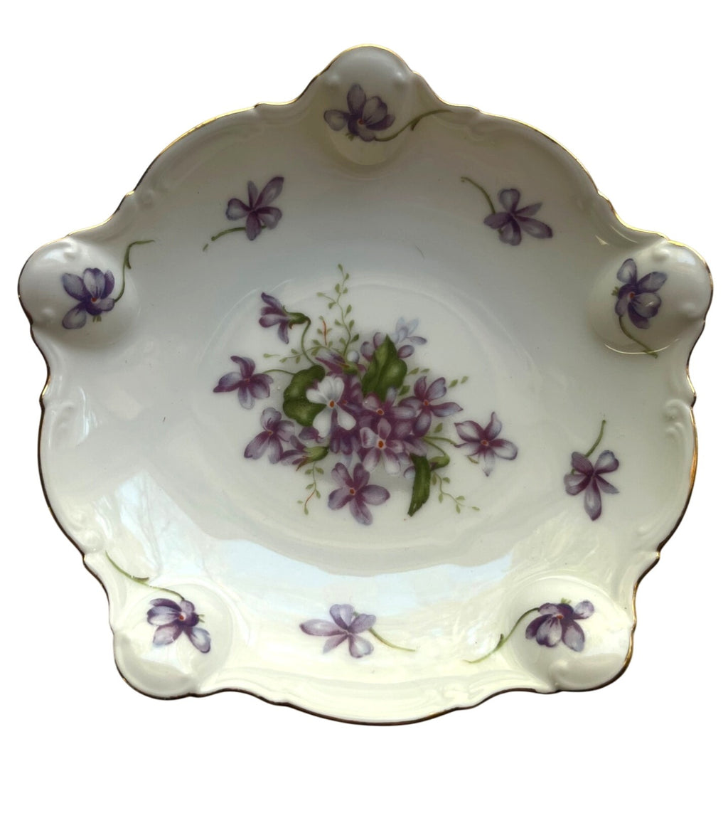 Vintage 1940's  Rosetti  Spring Violets Bone China 4 pc set Tea Cup w Saucer Bowl and Nappy Dish Made in Japan