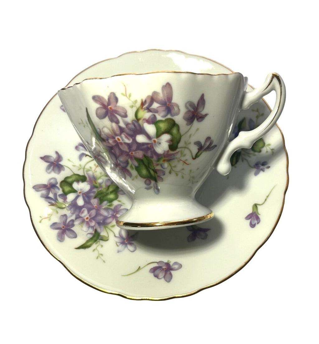 Vintage 1940's  Rosetti  Spring Violets Bone China 4 pc set Tea Cup w Saucer Bowl and Nappy Dish Made in Japan