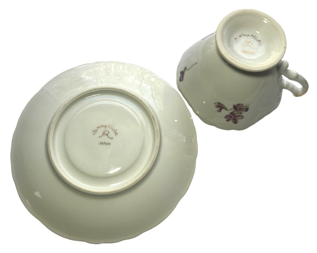 Vintage 1940's  Rosetti  Spring Violets Bone China 4 pc set Tea Cup w Saucer Bowl and Nappy Dish Made in Japan