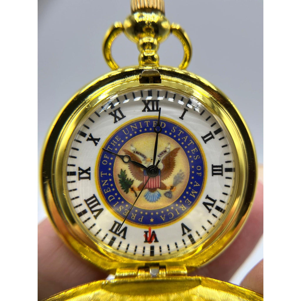 Gold Tone Pocket Watch With U.S. Presidential Seal Design & Chain