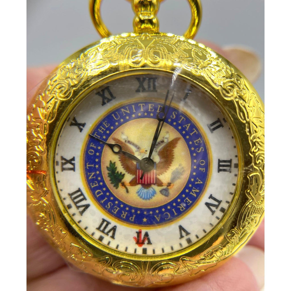 Gold Tone Pocket Watch With U.S. Presidential Seal Design & Chain