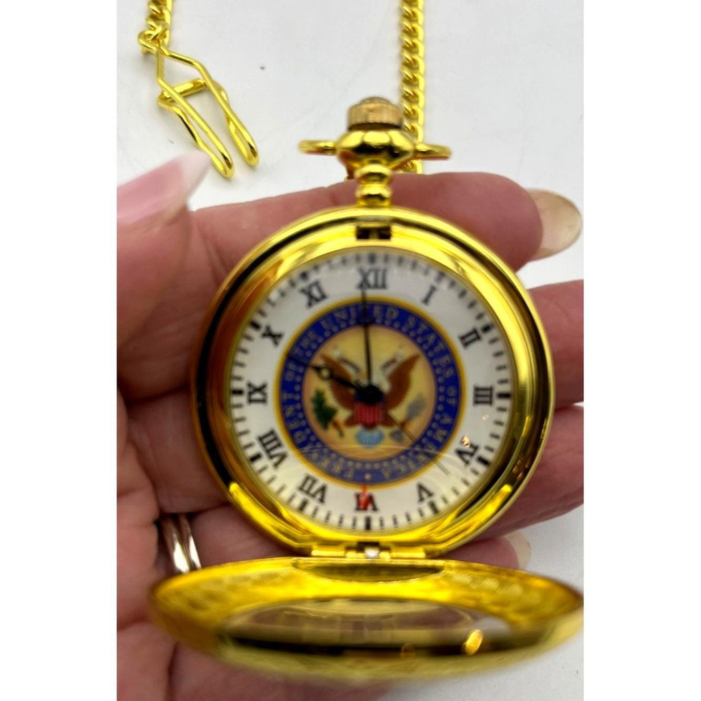 Gold Tone Pocket Watch With U.S. Presidential Seal Design & Chain