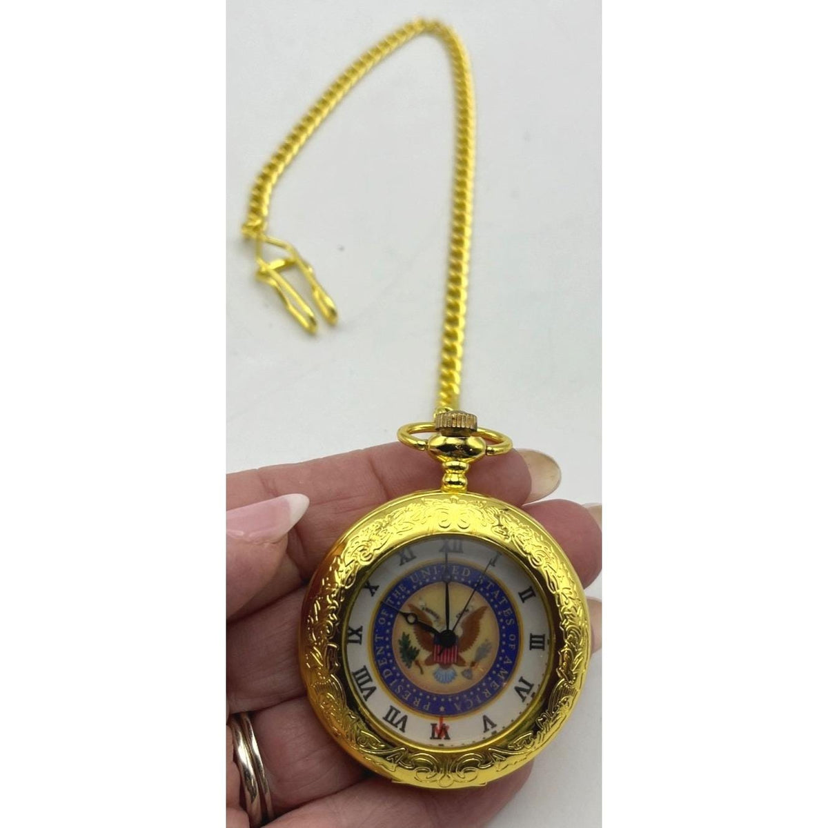Gold Tone Pocket Watch With U.S. Presidential Seal Design & Chain