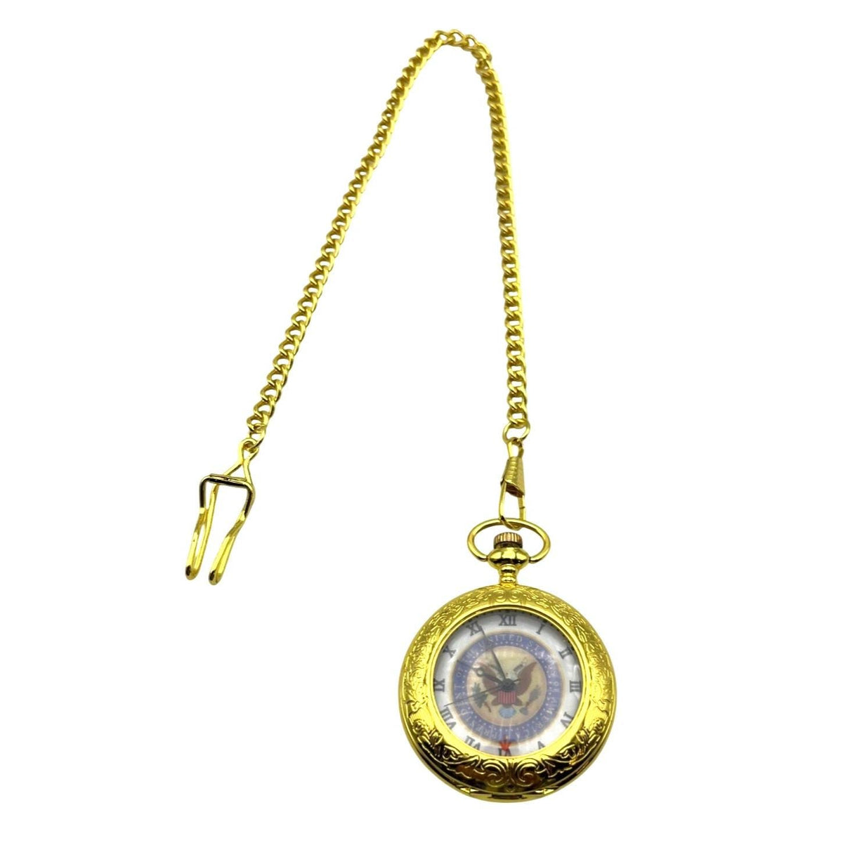 Gold Tone Pocket Watch With U.S. Presidential Seal Design & Chain