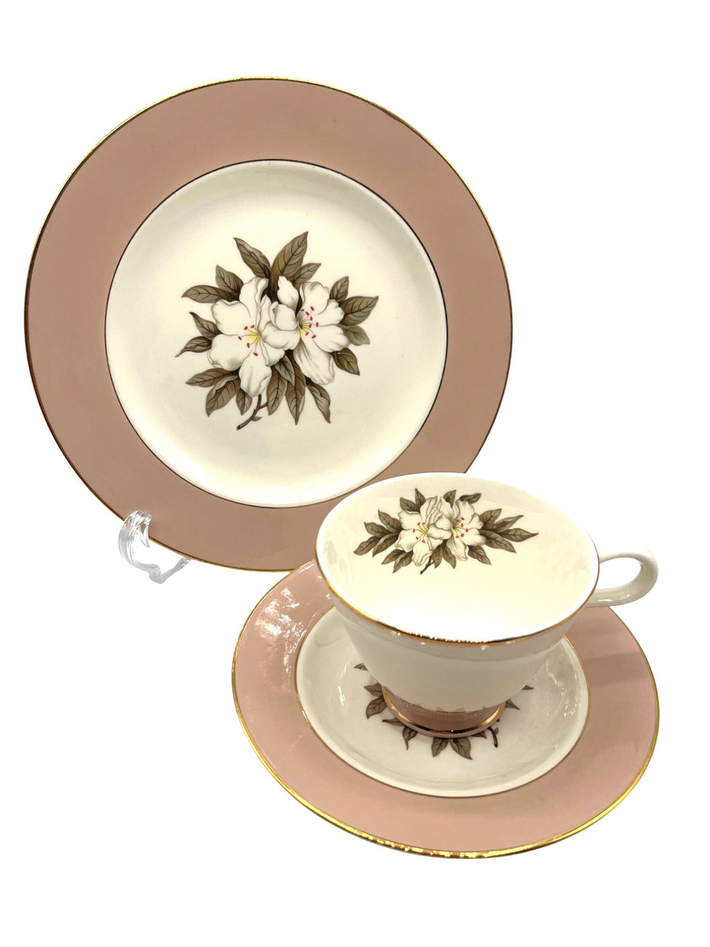 Vintage Fair Lady Fine China Tea Cup Saucer & Plate 3 pc Set by Sevron New York With Magnolia Blossom Floral Design Peach Rims And Gold Trim