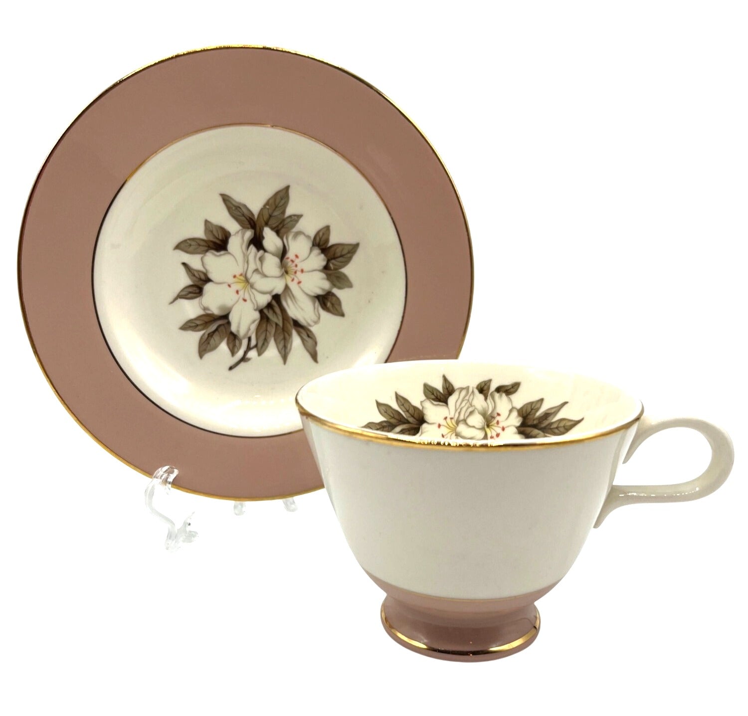 Vintage Fair Lady Fine China Tea Cup Saucer & Plate 3 pc Set by Sevron New York With Magnolia Blossom Floral Design Peach Rims And Gold Trim