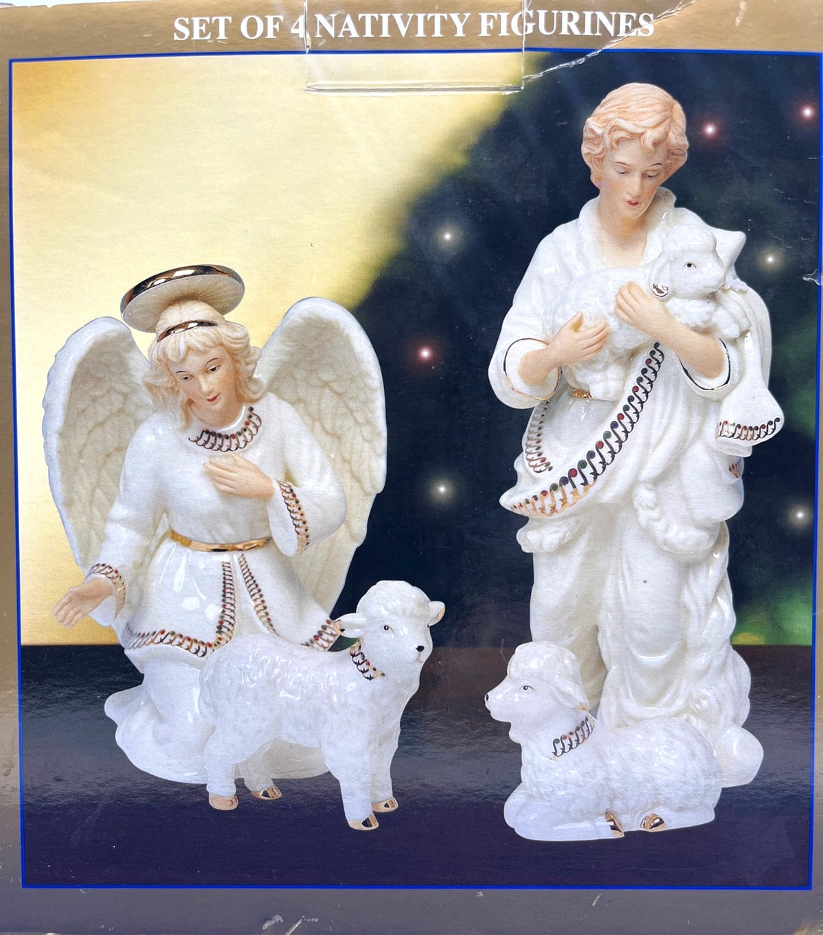 Vintage Set Of 4 Nativity Figurines Porcelain with Gold Accents Angel, Shepherd, 2 Lambs