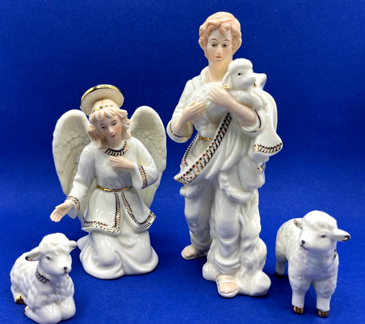 Vintage Set Of 4 Nativity Figurines Porcelain with Gold Accents Angel, Shepherd, 2 Lambs