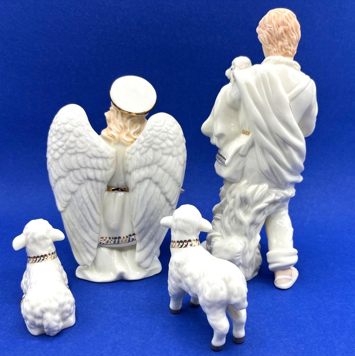 Vintage Set Of 4 Nativity Figurines Porcelain with Gold Accents Angel, Shepherd, 2 Lambs