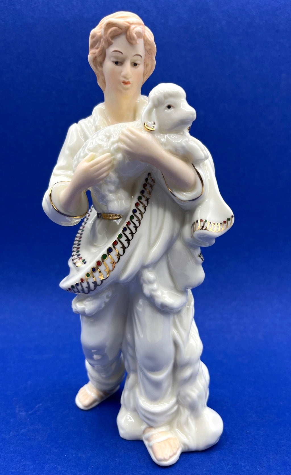 Vintage Set Of 4 Nativity Figurines Porcelain with Gold Accents Angel, Shepherd, 2 Lambs
