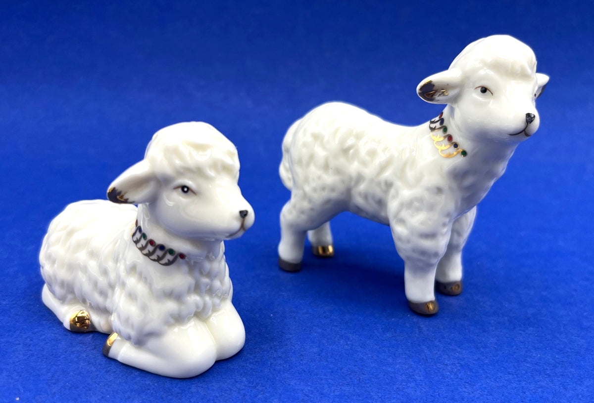 Vintage Set Of 4 Nativity Figurines Porcelain with Gold Accents Angel, Shepherd, 2 Lambs