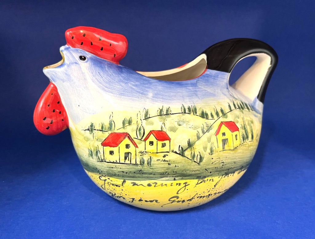 Maxcera Hand-Painted Ceramic Chicken Pitcher With Scenic Village Design 9" x 5"