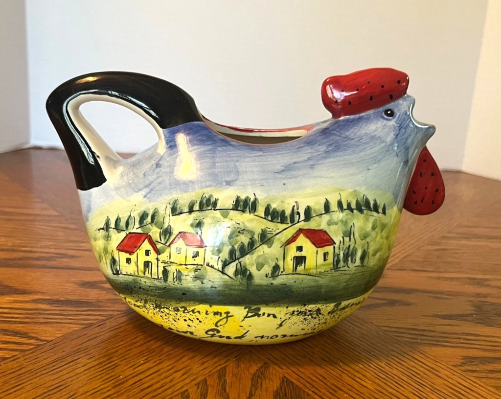Maxcera Hand-Painted Ceramic Chicken Pitcher With Scenic Village Design 9" x 5"