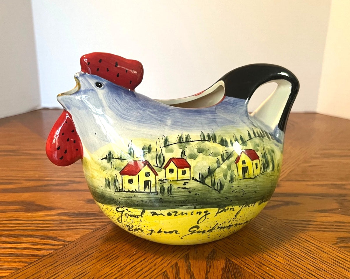 Maxcera Hand-Painted Ceramic Chicken Pitcher With Scenic Village Design 9" x 5"