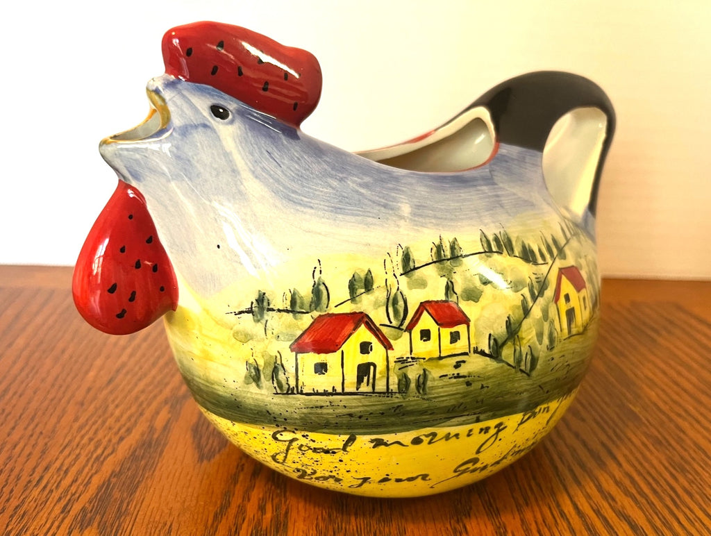 Maxcera Hand-Painted Ceramic Chicken Pitcher With Scenic Village Design 9" x 5"