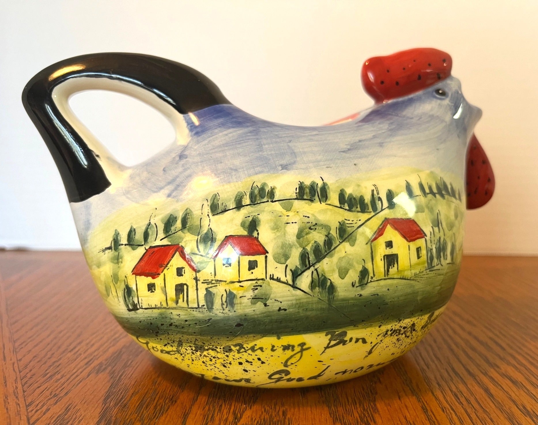 Maxcera Hand-Painted Ceramic Chicken Pitcher With Scenic Village Design 9" x 5"