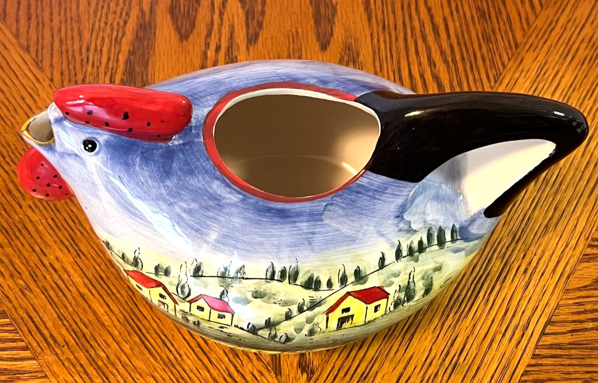 Maxcera Hand-Painted Ceramic Chicken Pitcher With Scenic Village Design 9" x 5"