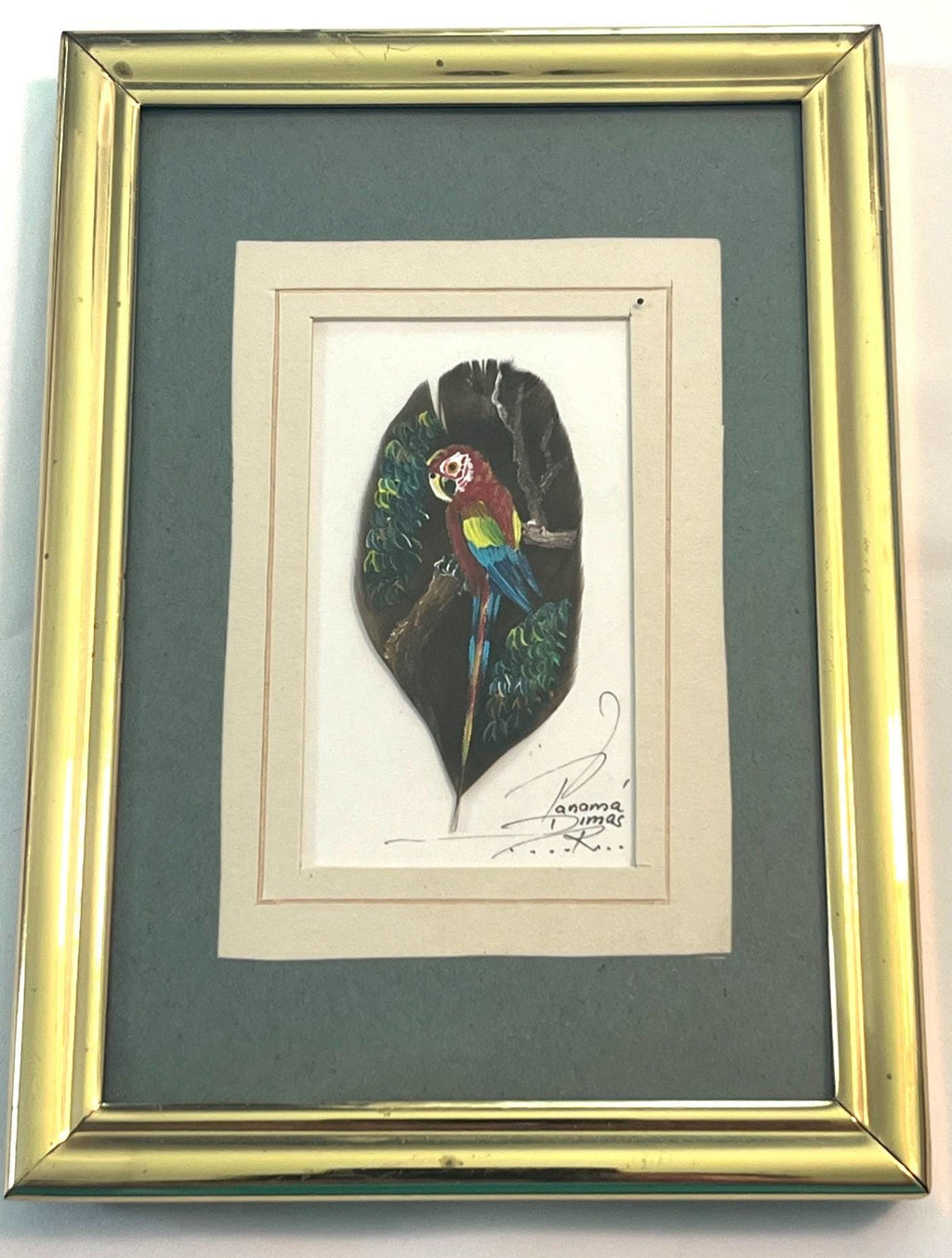 Hand-Painted Macaw Art On Feather In Gold Frame With Stand & Hook