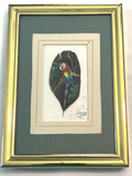 Hand-Painted Macaw Art On Feather In Gold Frame With Stand & Hook