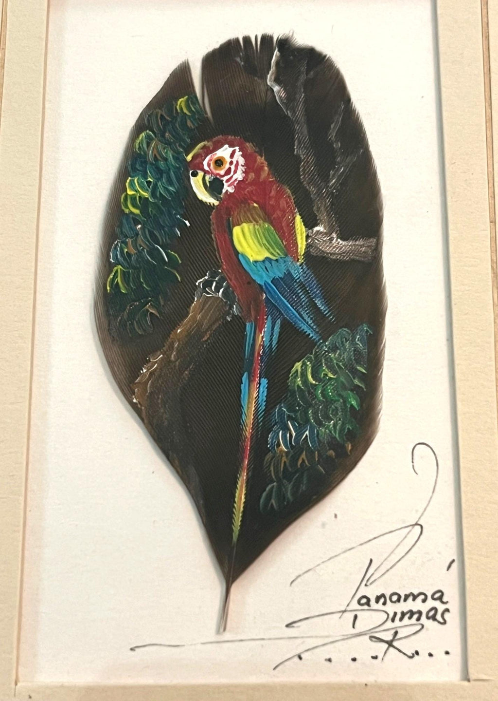 Hand-Painted Macaw Art On Feather In Gold Frame With Stand & Hook