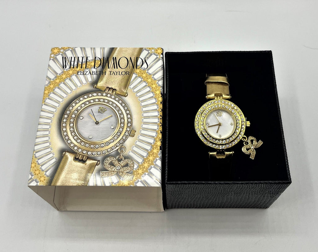Elizabeth Taylor White Diamonds Wrist Watch Diamond-Look Rhinestones and Gold Lame Wrist Band