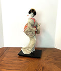 Vintage Geisha Girl Doll Hand Crafted Beautiful Kimono Costume on Wooden Platform 17" tall