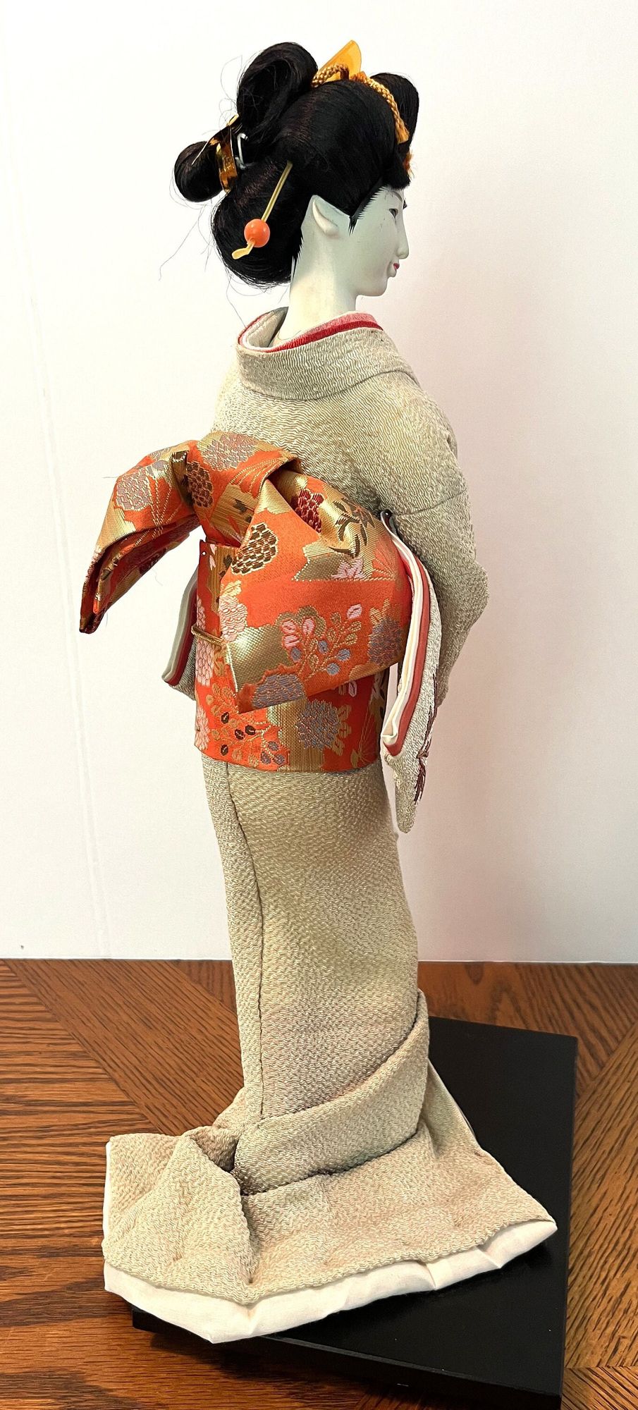 Vintage Geisha Girl Doll Hand Crafted Beautiful Kimono Costume on Wooden Platform 17" tall
