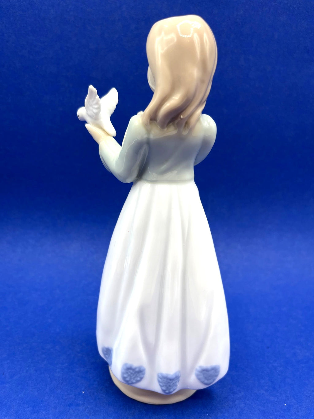 Porcelain Girl Figurine With Dove Blue & White Dress 8 Inches Tall