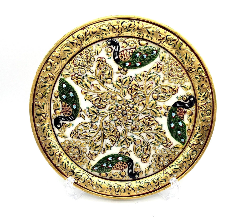 White Marble Plate with Handcrafted Enameled  Embossed Peacocks and Gold Details and Rhinestone Accents. Beautiful rare art piece 9"