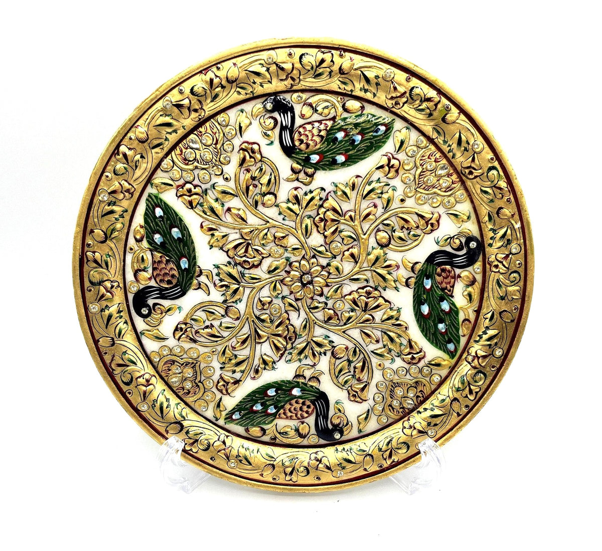 White Marble Plate with Handcrafted Enameled  Embossed Peacocks and Gold Details and Rhinestone Accents. Beautiful rare art piece 9"