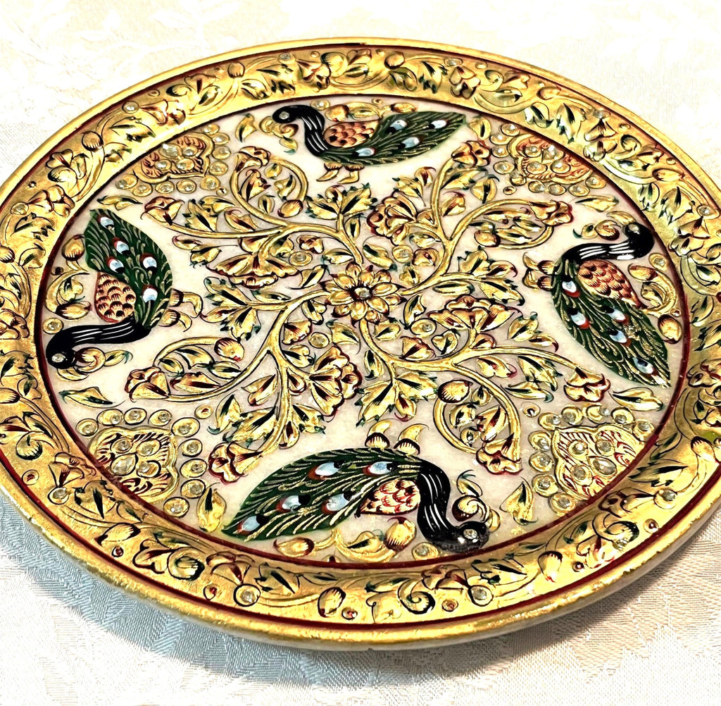 White Marble Plate with Handcrafted Enameled  Embossed Peacocks and Gold Details and Rhinestone Accents. Beautiful rare art piece 9"