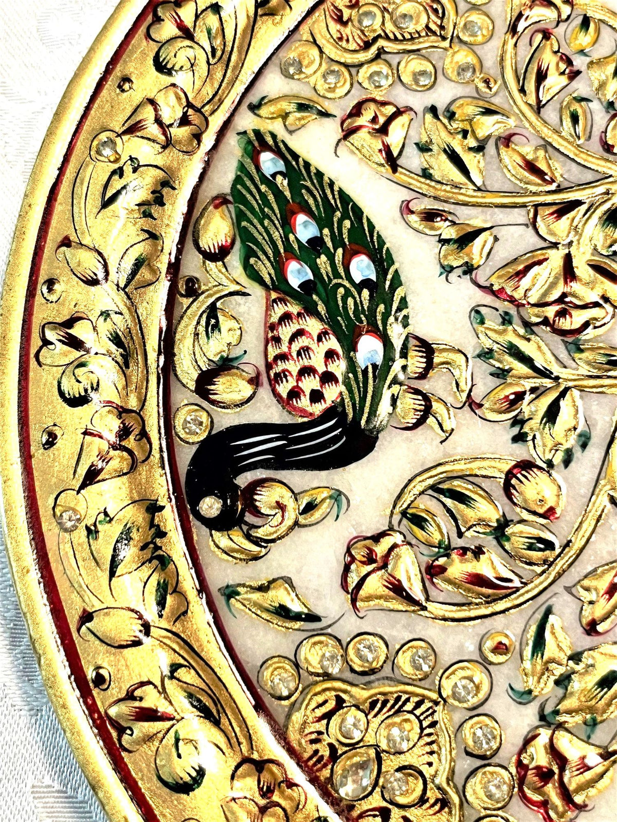 White Marble Plate with Handcrafted Enameled  Embossed Peacocks and Gold Details and Rhinestone Accents. Beautiful rare art piece 9"