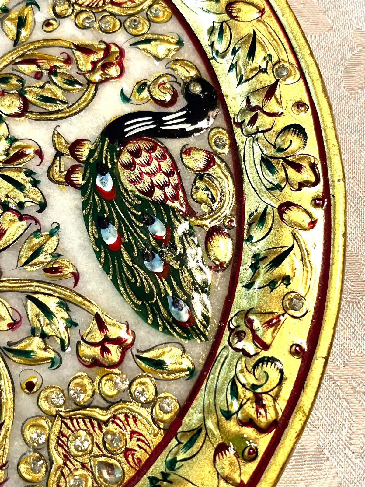 White Marble Plate with Handcrafted Enameled  Embossed Peacocks and Gold Details and Rhinestone Accents. Beautiful rare art piece 9"