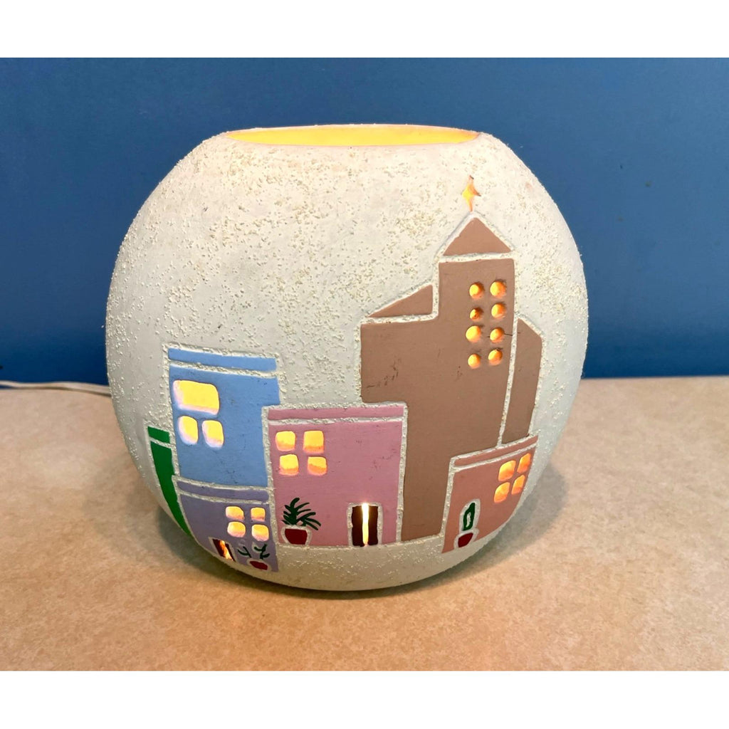 Southwestern Native American Ceramic Lighted Accent Piece w Pierced Pueblo Images