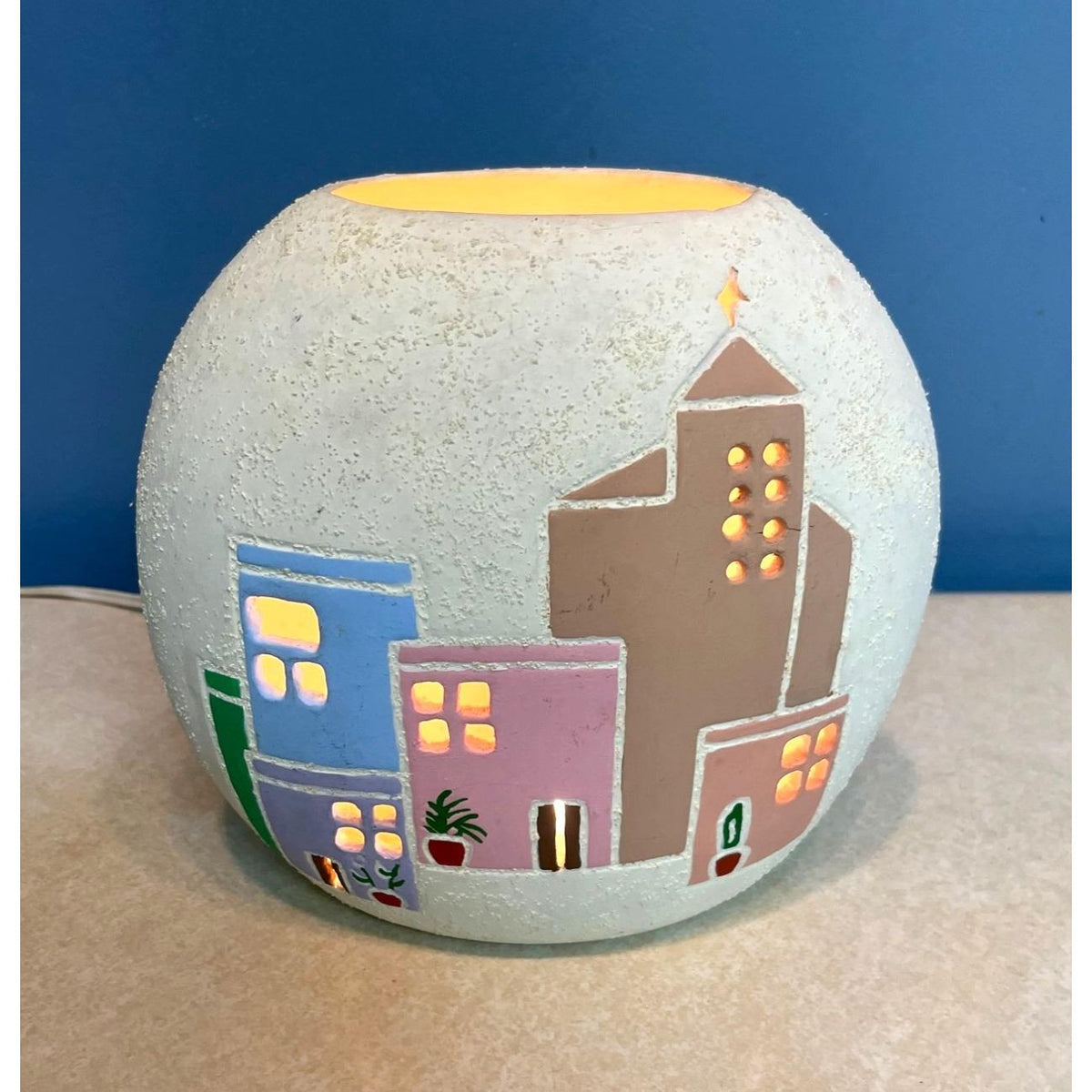Southwestern Native American Ceramic Lighted Accent Piece w Pierced Pueblo Images