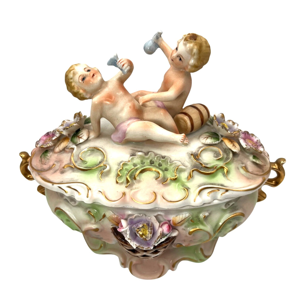 Vintage Porcelain Cherub Decor Box Floral Accents & Gold Details Removable Lid