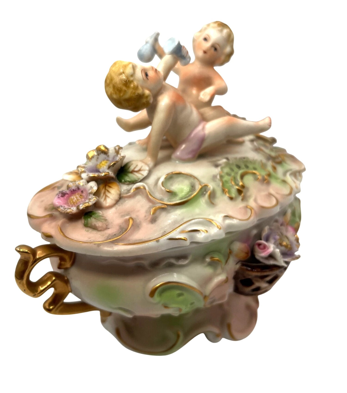 Vintage Porcelain Cherub Decor Box Floral Accents & Gold Details Removable Lid