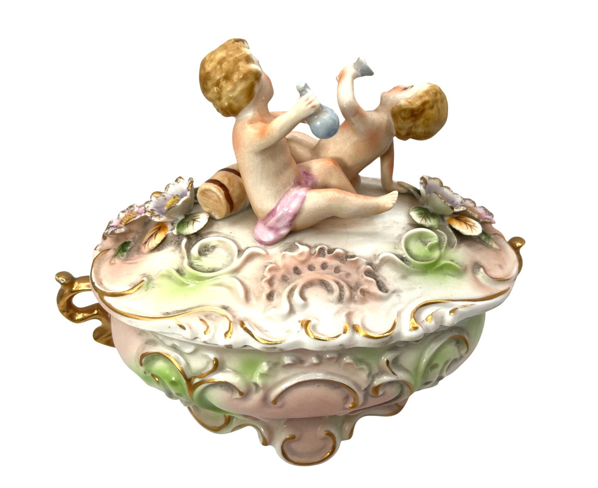 Vintage Porcelain Cherub Decor Box Floral Accents & Gold Details Removable Lid