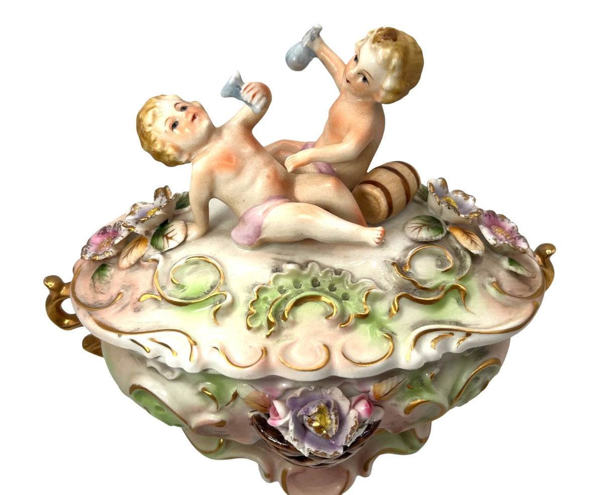 Vintage Porcelain Cherub Decor Box Floral Accents & Gold Details Removable Lid