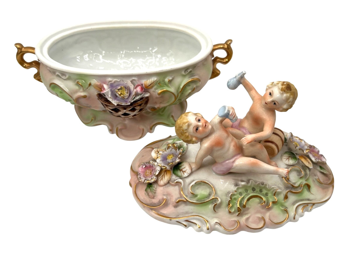 Vintage Porcelain Cherub Decor Box Floral Accents & Gold Details Removable Lid