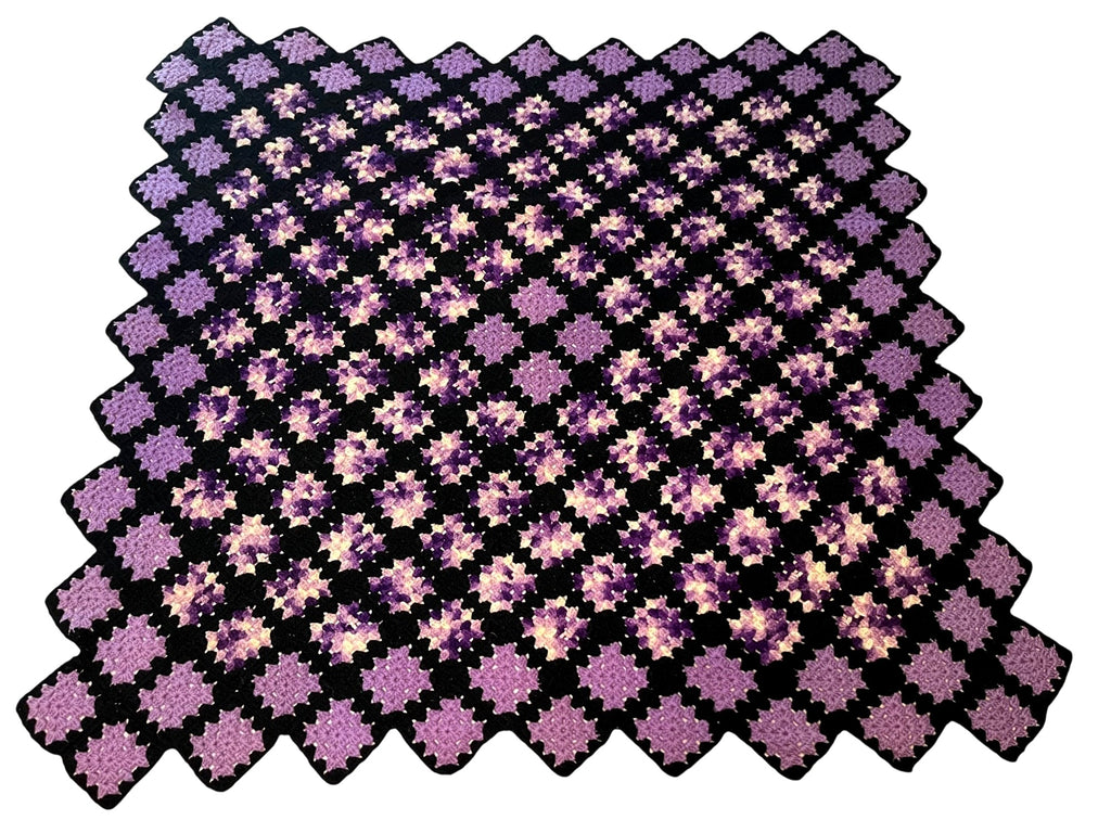 Antique Handmade Crochet Granny Square Blanket Throw Dark Purple Lilac 53 x 45 Inches