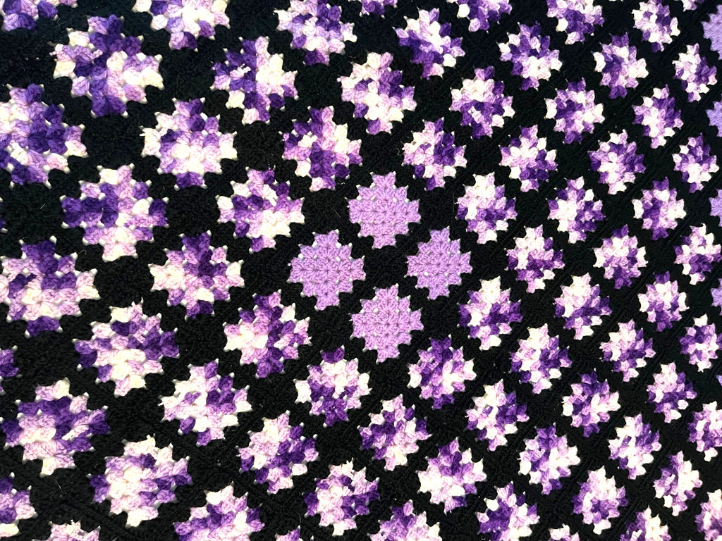 Antique Handmade Crochet Granny Square Blanket Throw Dark Purple Lilac 53 x 45 Inches