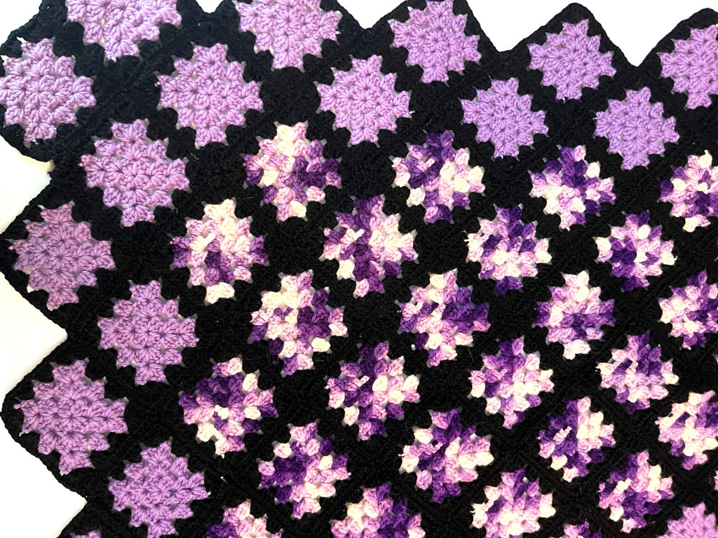Antique Handmade Crochet Granny Square Blanket Throw Dark Purple Lilac 53 x 45 Inches