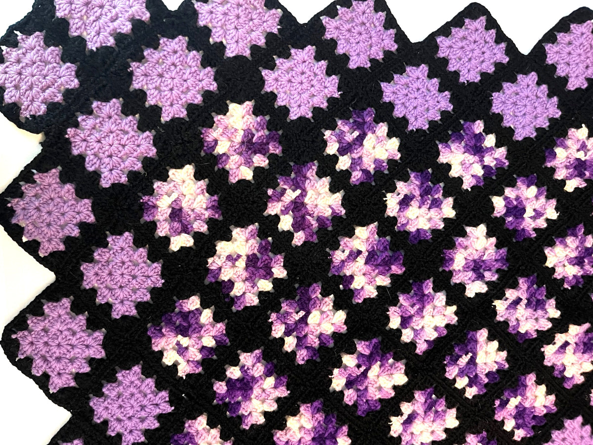 Antique Handmade Crochet Granny Square Blanket Throw Dark Purple Lilac 53 x 45 Inches
