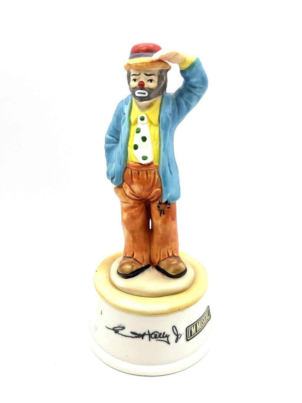 Musical Emmett Kelly Jr. Figurine by Flambro Bisque Porcelain 7.5"  high. Plays Send In The Clowns