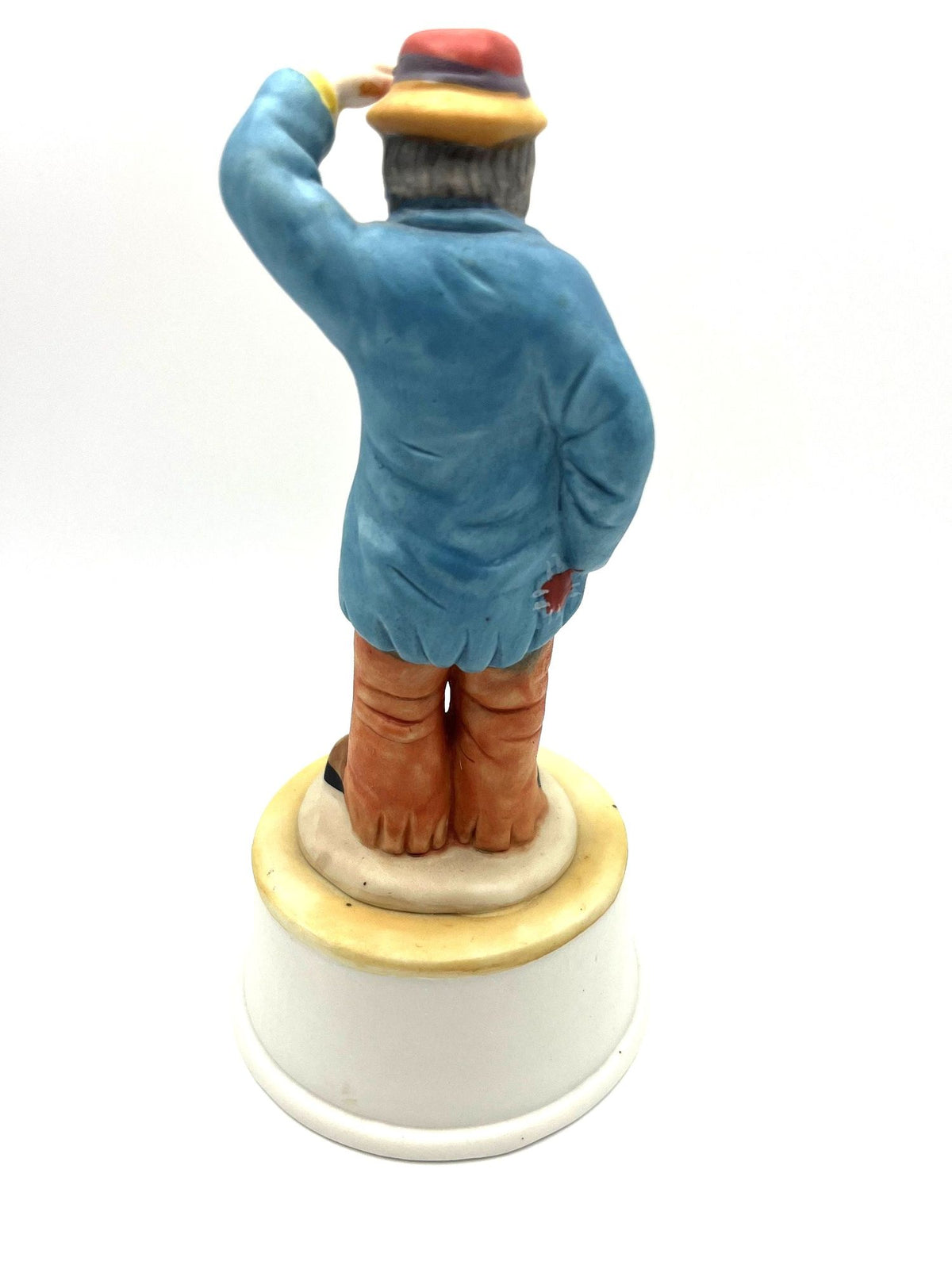 Musical Emmett Kelly Jr. Figurine by Flambro Bisque Porcelain 7.5"  high. Plays Send In The Clowns