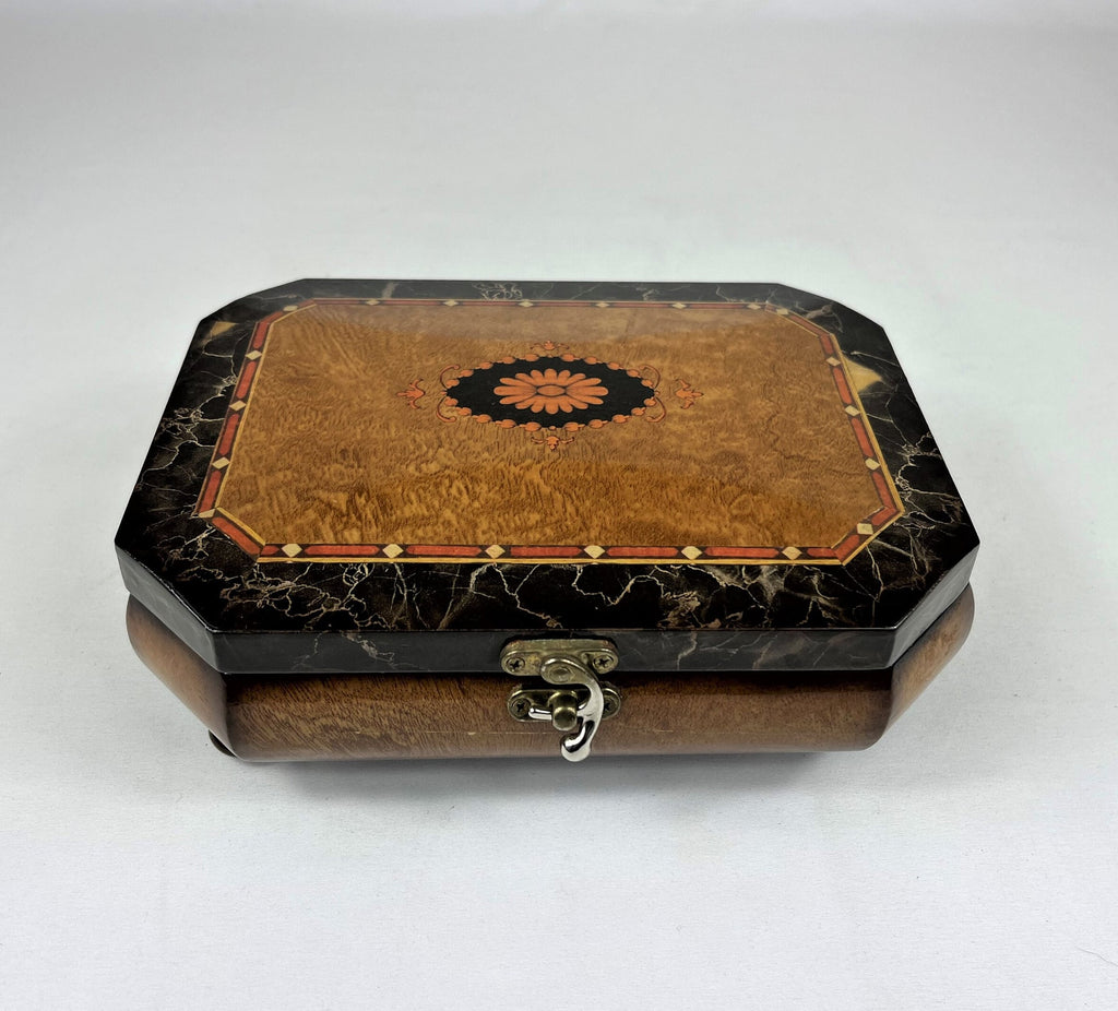 Musical Footed Wooden Jewelry Box with Brass Clasp and Hinges, Mirror Inside 6.5" x 9" x 3" tall