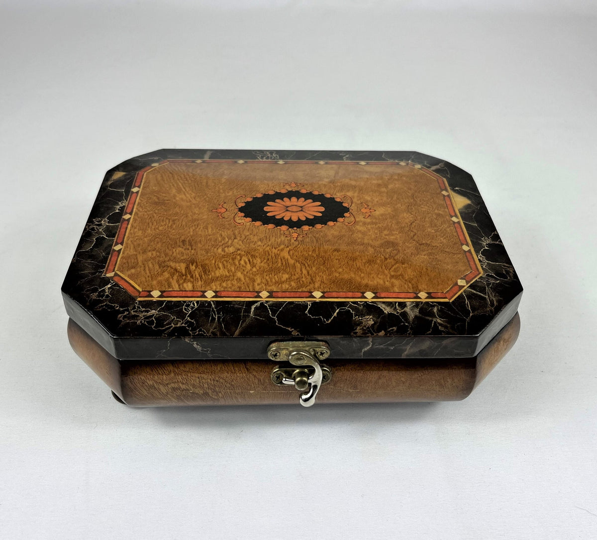 Musical Footed Wooden Jewelry Box with Brass Clasp and Hinges, Mirror Inside 6.5" x 9" x 3" tall